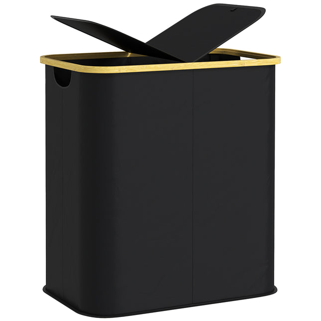 Double Laundry Basket 80L Collapsible Hamper with Lid and Groove Handles for Bathroom Bedroom Laundry Room - Black
