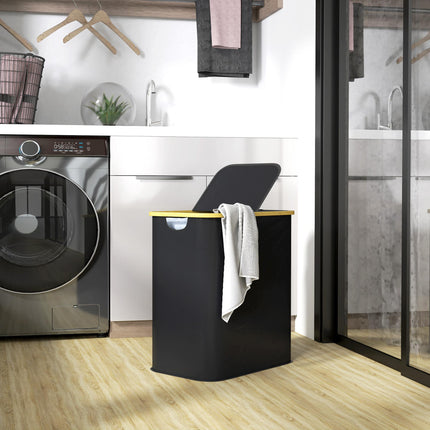 Double Laundry Basket 80L Collapsible Hamper with Lid and Groove Handles for Bathroom Bedroom Laundry Room - Black