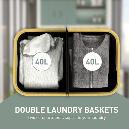 Double Laundry Basket 80L Collapsible Hamper with Lid and Groove Handles for Bathroom Bedroom Laundry Room - Black