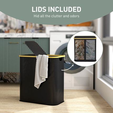 Double Laundry Basket 80L Collapsible Hamper with Lid and Groove Handles for Bathroom Bedroom Laundry Room - Black