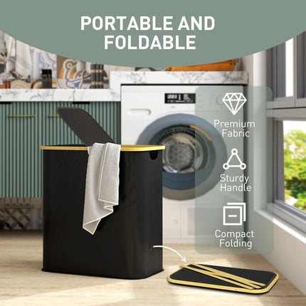 Double Laundry Basket 80L Collapsible Hamper with Lid and Groove Handles for Bathroom Bedroom Laundry Room - Black