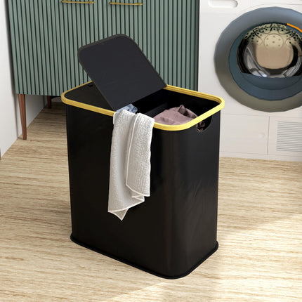 Double Laundry Basket 80L Collapsible Hamper with Lid and Groove Handles for Bathroom Bedroom Laundry Room - Black