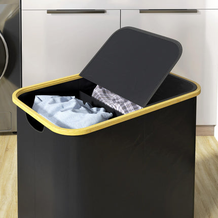 Double Laundry Basket 80L Collapsible Hamper with Lid and Groove Handles for Bathroom Bedroom Laundry Room - Black