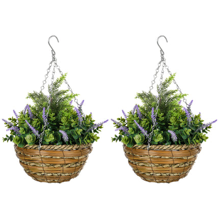 Set of Two Artificial Hanging Lisianthus Flower Pots with Wicker Basket - Purple