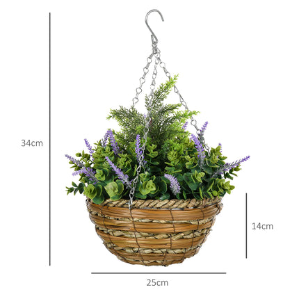Set of Two Artificial Hanging Lisianthus Flower Pots with Wicker Basket - Purple