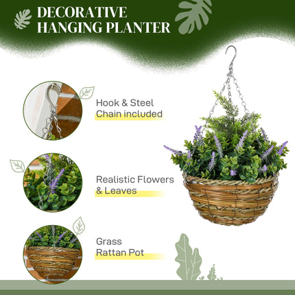 Set of Two Artificial Hanging Lisianthus Flower Pots with Wicker Basket - Purple
