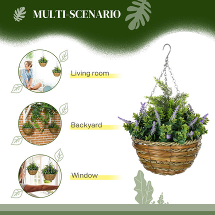 Set of Two Artificial Hanging Lisianthus Flower Pots with Wicker Basket - Purple
