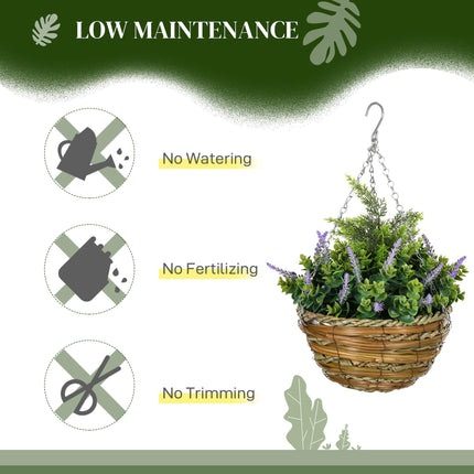 Set of Two Artificial Hanging Lisianthus Flower Pots with Wicker Basket - Purple