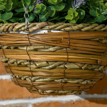 Set of Two Artificial Hanging Lisianthus Flower Pots with Wicker Basket - Purple