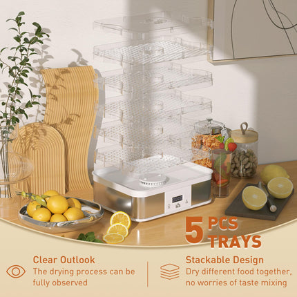 5 Tier Stainless Steel Food Dehydrator with Adjustable Temperature Control - White