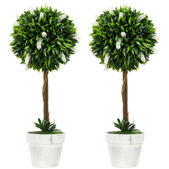 Set of 2 Decorative Artificial Ball Trees with Lavender Flowers 60cm - White