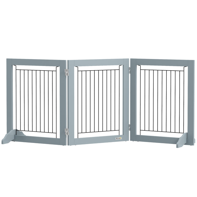 Foldable Three-Panel Pet Gate with Two Support Feet - Grey