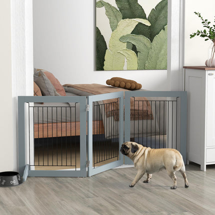 Foldable Three-Panel Pet Gate with Two Support Feet - Grey