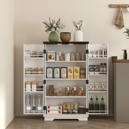 Multi-Storage Farmhouse Style Kitchen Cabinet with Shelves - White