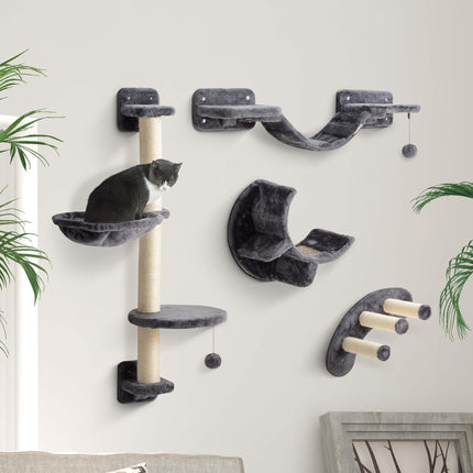 Four-Piece Cat Wall Furniture, with Hammock, Ladder, Platforms, Steps, for Indoor Use - Dark Grey