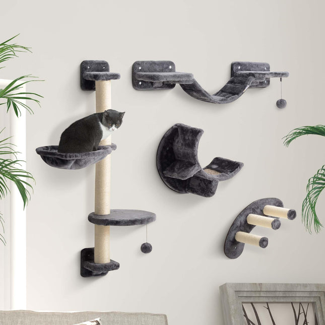 Four-Piece Cat Wall Furniture, with Hammock, Ladder, Platforms, Steps, for Indoor Use - Dark Grey