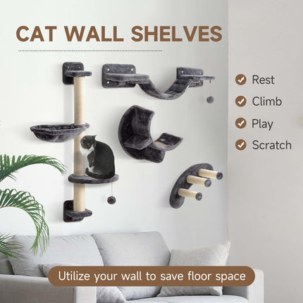 Four-Piece Cat Wall Furniture, with Hammock, Ladder, Platforms, Steps, for Indoor Use - Dark Grey