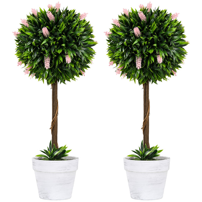 Set of 2 Decorative Artificial Ball Trees with Pink Flowers 60cm - Pink