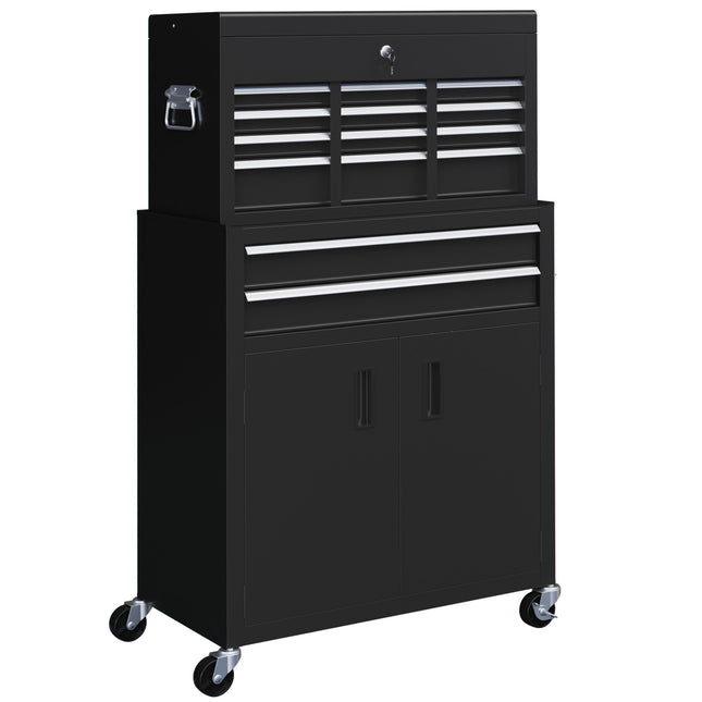 Portable Metal Tool Box with 6 Drawers on Wheels for Garage and Workshop - Black