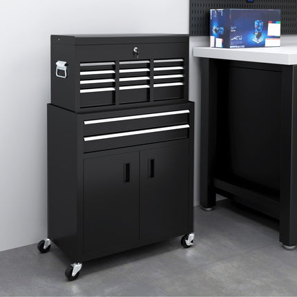 Portable Metal Tool Box with 6 Drawers on Wheels for Garage and Workshop - Black