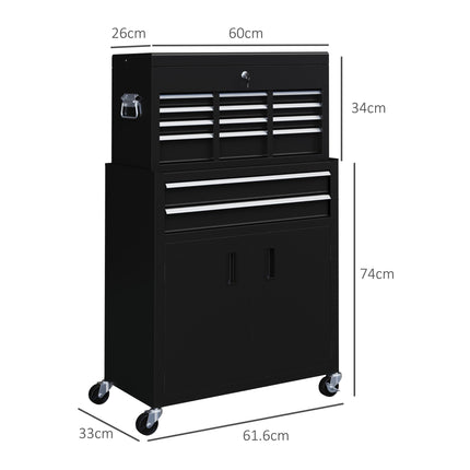 Portable Metal Tool Box with 6 Drawers on Wheels for Garage and Workshop - Black