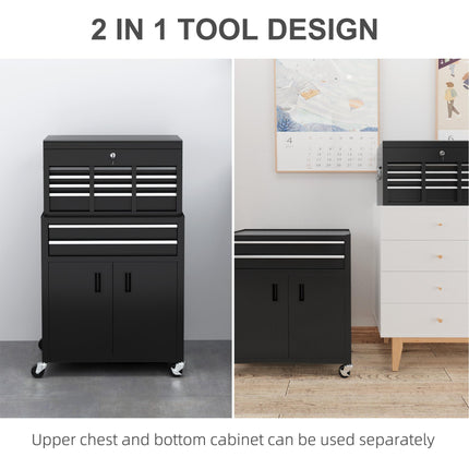 Portable Metal Tool Box with 6 Drawers on Wheels for Garage and Workshop - Black