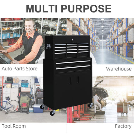 Portable Metal Tool Box with 6 Drawers on Wheels for Garage and Workshop - Black