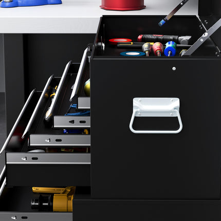 Portable Metal Tool Box with 6 Drawers on Wheels for Garage and Workshop - Black