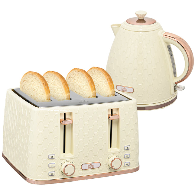 2 Piece Kitchen Appliance Set Kettle 1.7L and 4-Slice Toaster Honeycomb Design - Beige