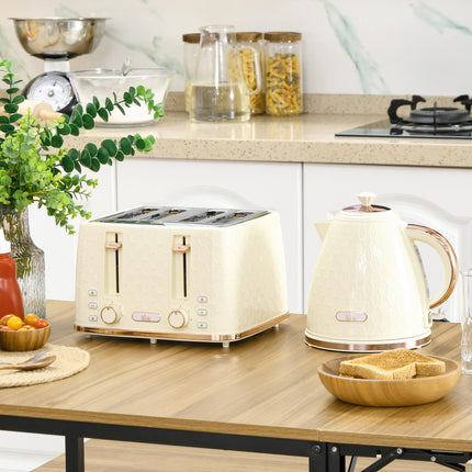 2 Piece Kitchen Appliance Set Kettle 1.7L and 4-Slice Toaster Honeycomb Design - Beige