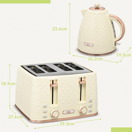 2 Piece Kitchen Appliance Set Kettle 1.7L and 4-Slice Toaster Honeycomb Design - Beige