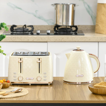 2 Piece Kitchen Appliance Set Kettle 1.7L and 4-Slice Toaster Honeycomb Design - Beige