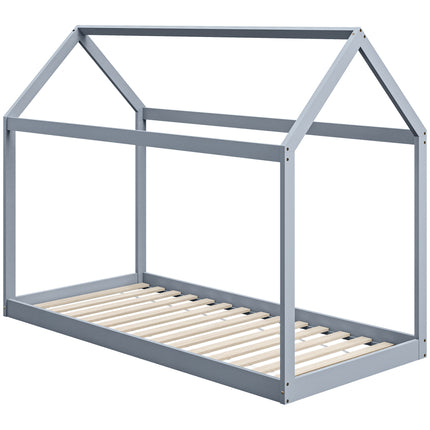 Single House-Shaped Pine Wood Bed Frame for 90 x 190 cm Mattress - Grey