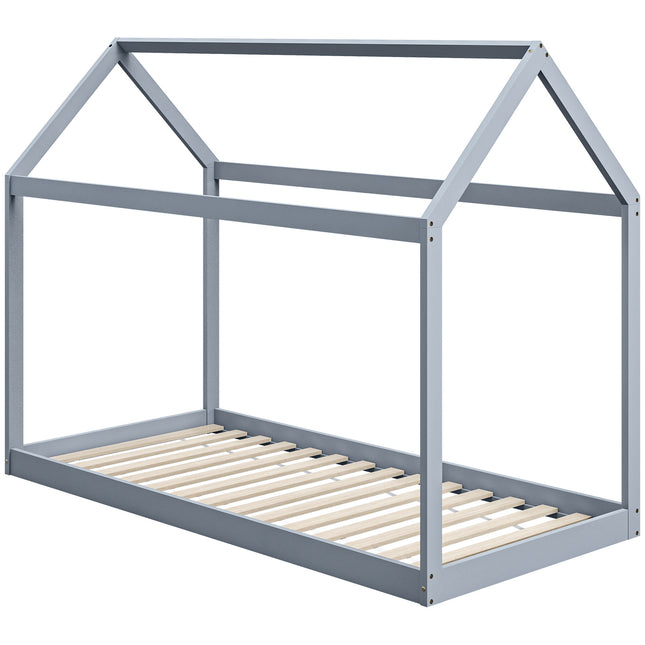 Single House-Shaped Pine Wood Bed Frame for 90 x 190 cm Mattress - Grey