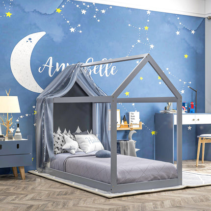 Single House-Shaped Pine Wood Bed Frame for 90 x 190 cm Mattress - Grey