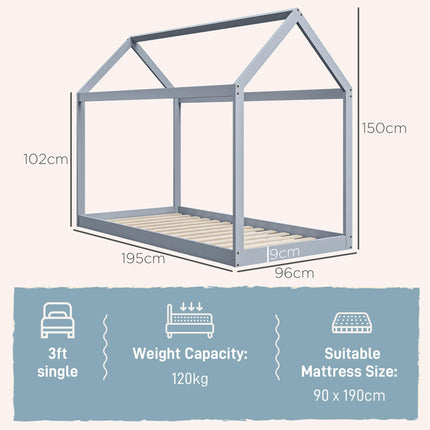 Single House-Shaped Pine Wood Bed Frame for 90 x 190 cm Mattress - Grey