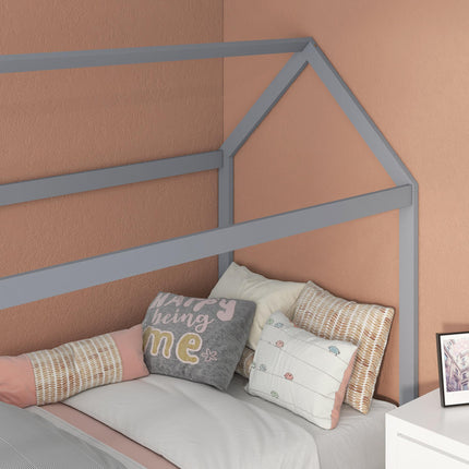 Single House-Shaped Pine Wood Bed Frame for 90 x 190 cm Mattress - Grey