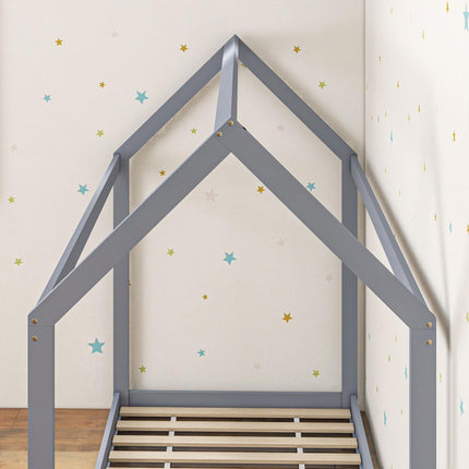Single House-Shaped Pine Wood Bed Frame for 90 x 190 cm Mattress - Grey