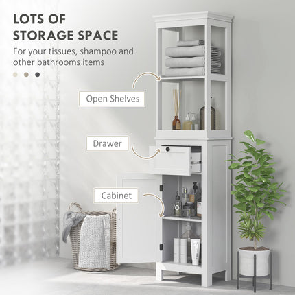 Tall Slim Bathroom Storage Cabinet with Soft Close Door, Drawer & Adjustable Shelf - White
