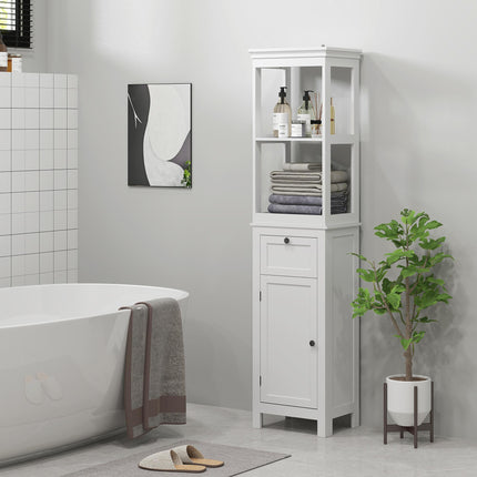 Tall Slim Bathroom Storage Cabinet with Soft Close Door, Drawer & Adjustable Shelf - White