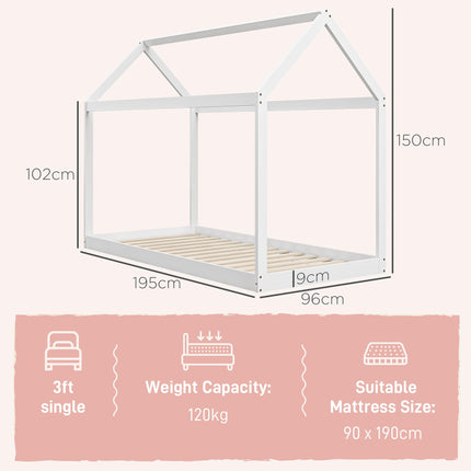 Single House-Shaped Wooden Bed Frame for 90 x 190 cm Mattress - White
