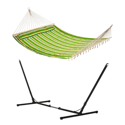 Double Cotton Outdoor Garden Hammock with Adjustable Steel Stand and Pillow - Green Stripes