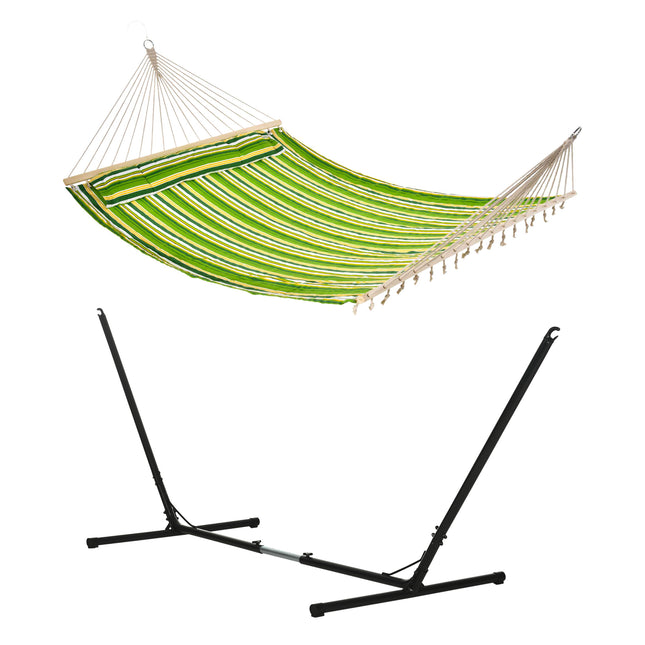 Double Cotton Outdoor Garden Hammock with Adjustable Steel Stand and Pillow - Green Stripes