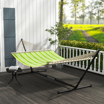 Double Cotton Outdoor Garden Hammock with Adjustable Steel Stand and Pillow - Green Stripes