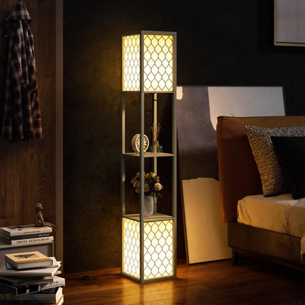 Modern Floor Lamp with Dual Light and Shelves, Pull Chain Switch - Light Grey