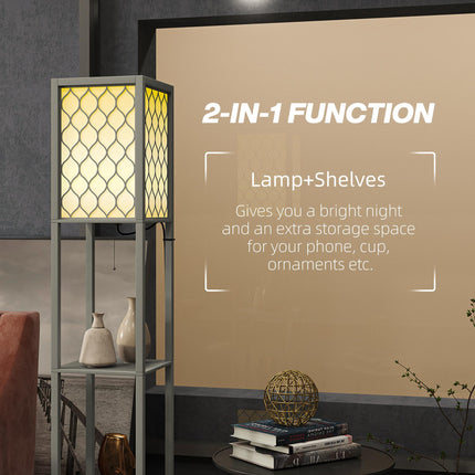 Modern Floor Lamp with Dual Light and Shelves, Pull Chain Switch - Light Grey