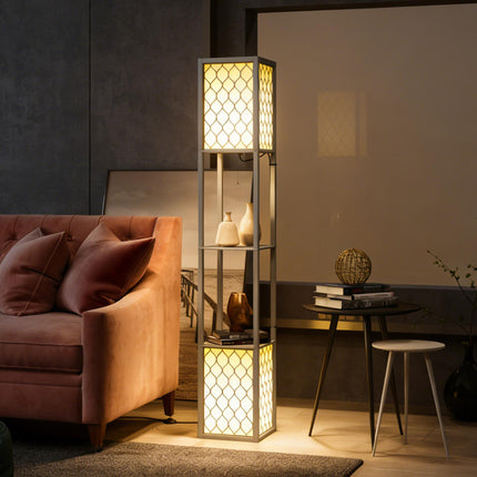 Modern Floor Lamp with Dual Light and Shelves, Pull Chain Switch - Light Grey