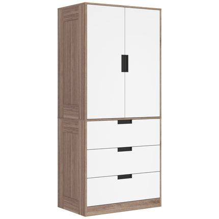 Two Door Two Drawer Wardrobe with Brown Accents - White/Brown
