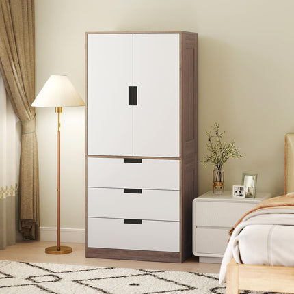 Two Door Two Drawer Wardrobe with Brown Accents - White/Brown