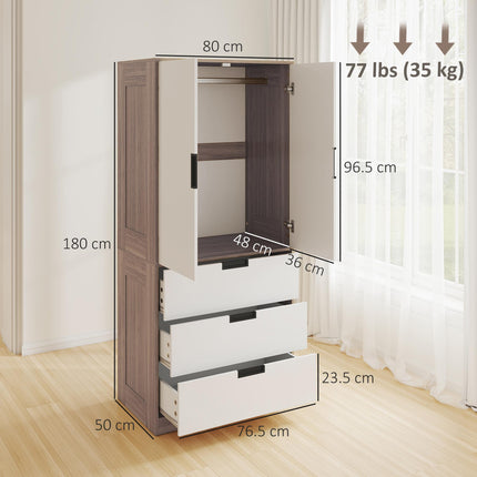 Two Door Two Drawer Wardrobe with Brown Accents - White/Brown